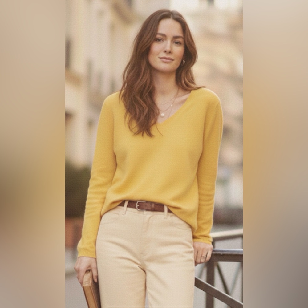 Madison $259 100%Cashmere V-Neck Sweater Size L Yellow V-Neck Knit - Picture 3 of 9